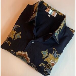 Batik Solo Indonesia Mens XL Long Sleeve Button Down Shirt Black Gold FloralBird